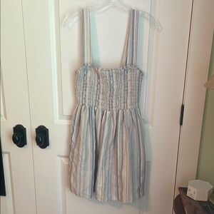 American Eagle Outfitters Blue and Cream Smocked Mini Sundress